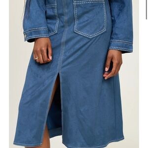 En Saison Blue Faux Suede Midi Skirt with White Stitching